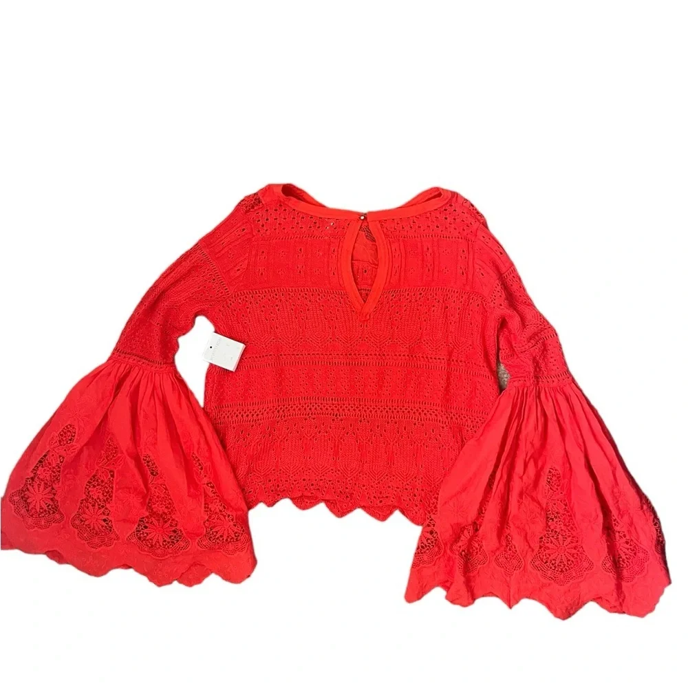 Free People Once Upon A Time Lace Crochet Bell Sleeve Red Blouse Sz XS